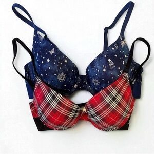 VICTORIAS SECRET PINK Women’s Starry Night Bra and Plaid Bra Both Size 34C